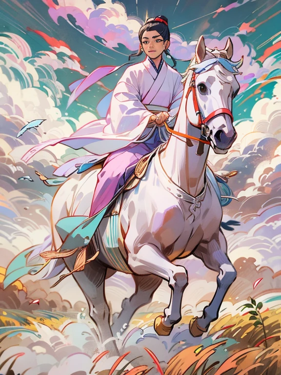 handsome teenager, Asian, wearing white hanbok, There is no pattern, riding a white horse, Run through the fields, in the street, White clouds connect the earth, china ancient, Shang Dynasty, The ratio between people and horses is correct., masterpiece, super detail, Awards, best quality, Anatomically correct