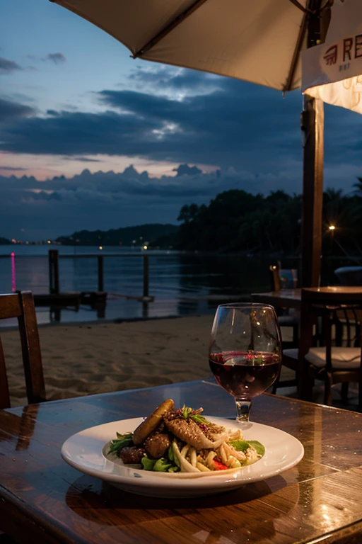 Thai Food high quality picture HD, at empty beach table with glass of wine, in the evening