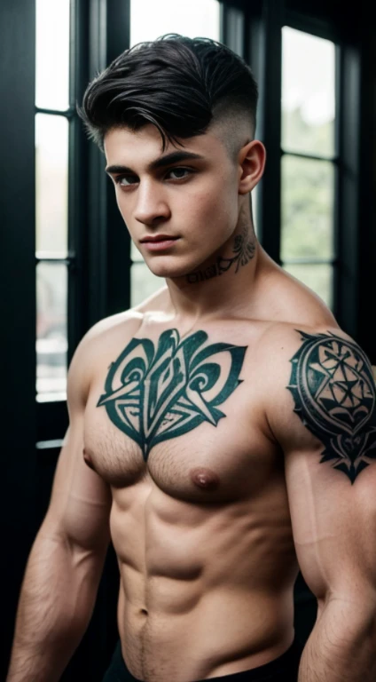 Harry Potter, blackwork tattoos on forearms , 18 years old, lowe taper fade haircut, black hair, green eyes fixed, affiliated features, no facial hair, height 1.93, weight 100 kg, aesthetic muscular build, broad shoulders, V-shaped body, full body focus, completely hairless,