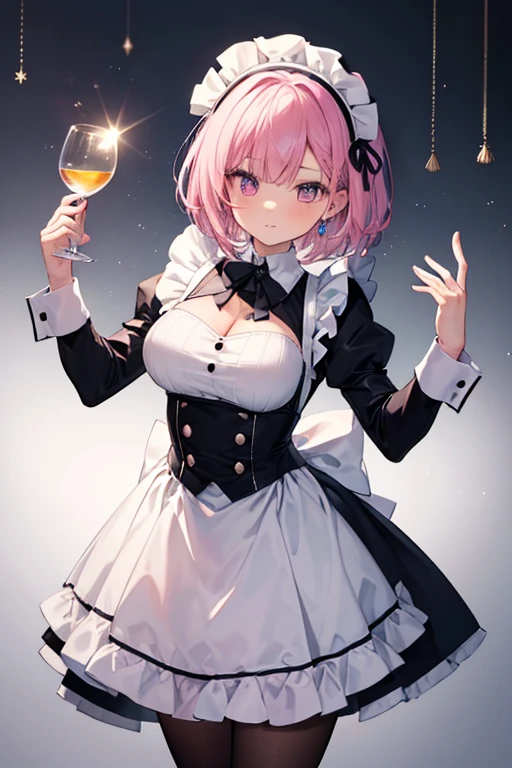 a pink haired woman with violet eyes with an hourglass figure with short hair is wearing a maid outfit
