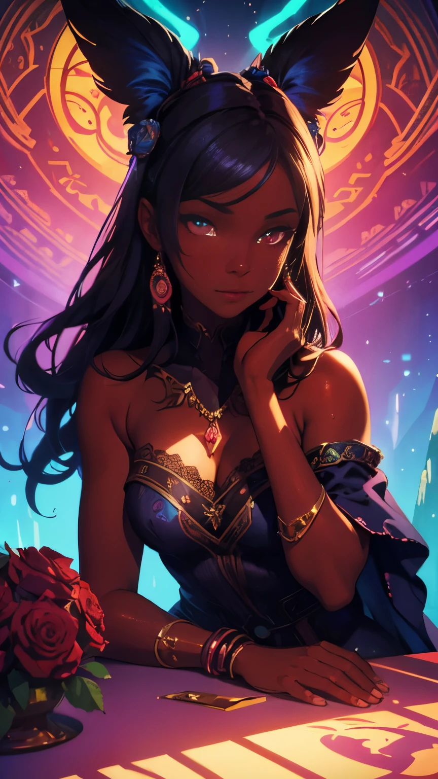 (Solo beautiful black woman with brown skin)), wearing a pretty bohemian dress she is sitting in a arched alcove that is surrounded pink, red, purple, blue, red, orange roses, clearly defined facial features, clearly defined eyes, Ben Bauchau, Jean Baptiste Monge, strybk style, warm dreamy lighting, matte background, modern, volumetric lighting, dynamic gradients, bold color and electric colors, illustration, highly detailed, simple, smooth, curves, no jagged lines, johan grenier, character design, 3d shadowing, fanbox, cinematic, ornate motifs, elegant, posterized, masterpiece, fluorescent, glowing, TXAA, penumbra, wet gouache