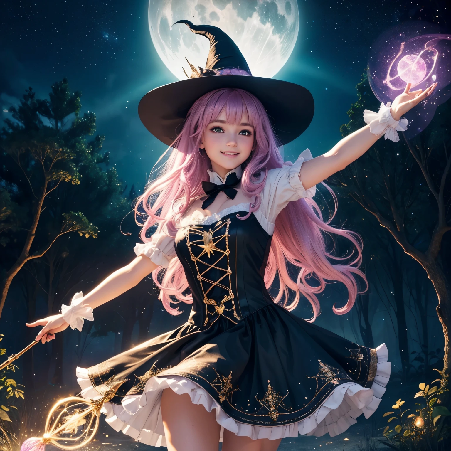 (best quality,4k,8k,highres,masterpiece:1.2),ultra-detailed,(realistic,photorealistic,photo-realistic:1.37),teenage boy magically transformed into a cute witch girl,girl with magical powers,cute and girly transformation,girl with magical abilities,anime style,pink eyes,long black hair with pink dye,happy,effeminate face,stunning black Victorian dress,pointy hat,vibrant and colorful,enchanted forest background,flying broomstick with magical sparkles,casting spells in mid-air,adorable animal companions: a black cat and an owl,misty moonlit night,impressive spellbook filled with intricate illustrations,surrounded by floating magical orbs,exquisite lace details on the dress,mysterious expression,girlish giggle,captivating charm,powerful yet playful demeanor,endearing smile,sparkling wand in hand,spellbinding aura,graceful movements,playful pose with hands raised,luminous glow,with a hint of mischief in her eyes,beautifully intense magical energy emanating from her,soft and ethereal lighting,glowing magical symbols in the air,celestial background with twinkling stars,whimsical and enchanting atmosphere
