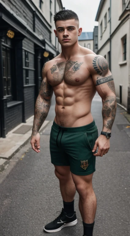 Harry Potter, tattoos on forearms , 18 years old, lowe taper fade haircut, black hair, green eyes fixed, affiliated features, no facial hair, height 1.93, weight 100 kg, aesthetic muscular build, broad shoulders, V-shaped body, full body focus, completely hairless,