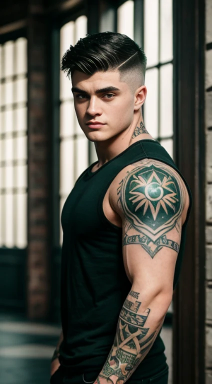 Harry Potter, tattoos on forearms , 18 years old, lowe taper fade haircut, black hair, green eyes fixed, affiliated features, no facial hair, height 1.93, weight 100 kg, aesthetic muscular build, broad shoulders, V-shaped body, full body focus, completely hairless, 