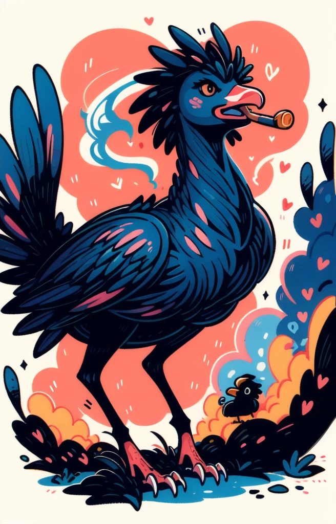 STYLE: kids illustration | SUBJECT: a playful prized black Rooster, (smoking a cigar: 1.3) | AESTHETIC: super kawaii, bold outlines | COLOR PALETTE: pastel | IN THE STYLE OF: Sanrio