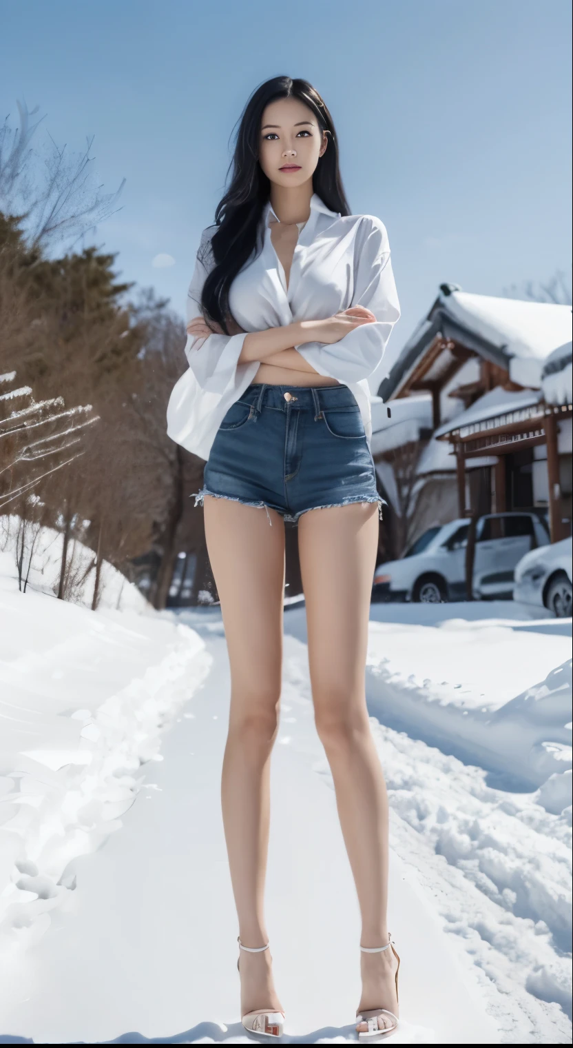 Japanese woman, beautiful face, long black hair, voluminous hair, white Y-shirt, micro shorts, tall, beautiful legs, long legs, bare legs, stilettos, folded arms, heavy snow, blizzard, snowfall, strong wind, hair disturbed by the wind