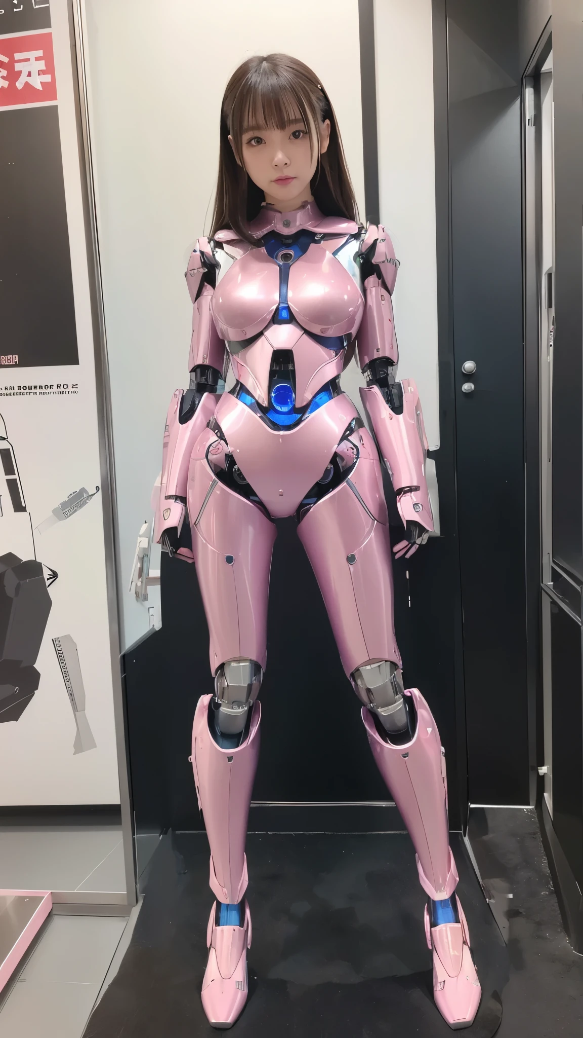 (Photorealsitic:1.4)、one robot woman、(top-quality)、(hyperdetailed face)、(Super well-formed face)、(Robot Parts)、(Female-Robot)、(25 years-old)、(Blue)、(pink there)、(Burgundy)、(metallic)、(full-body)、(sexy pose)、(Slender body)、(Model body type)、(full body mech)、(mechanical exposure)、(Akihabara)、(is looking at the camera)、(A dark-haired)、(Well-proportioned lady)、(a small face)、(a small head)、(well-groomed fingers)、(Idol)、(front facing)、(Standing with legs open)、(Photo session)、(Looks sad)、(perfect-female-robot)、(perfect-mechanical-body)