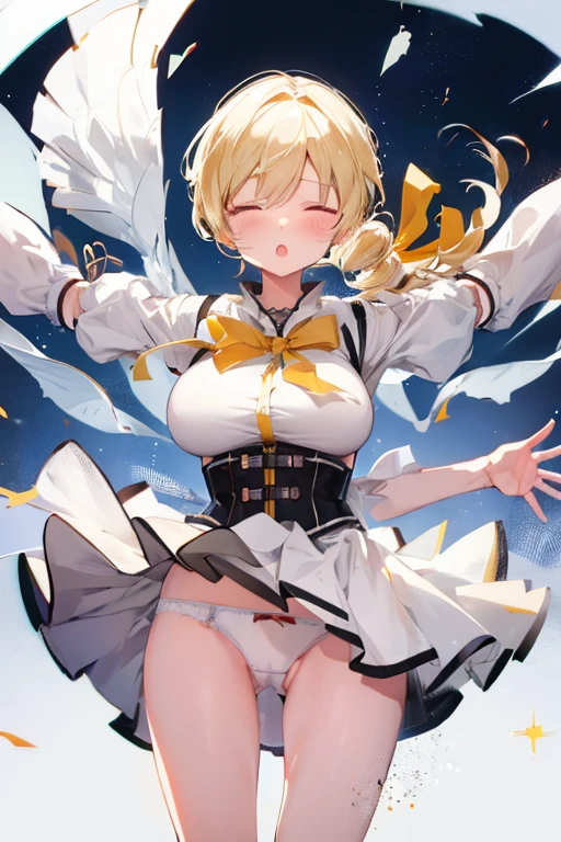 1 girl, cowboy shot, solo, perfect anatomy, standing, spread arms, mami tomoe, masterpiece, best quality, highres, big breast, closed eyes, :o, (fluttering skirt, white panties:1.2), double exposure, sacred, glitter, torn clothes, transparent clothes