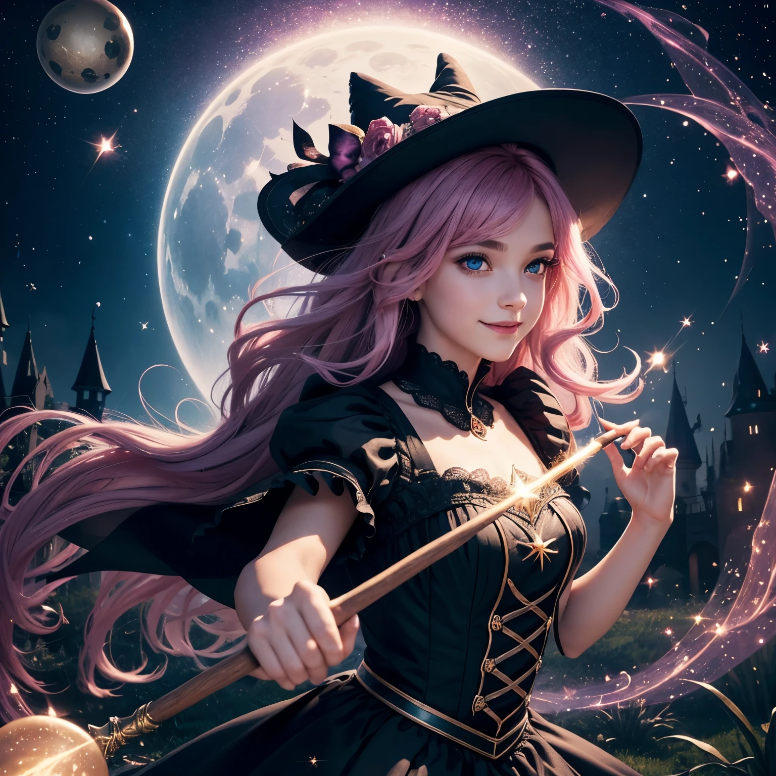 (best quality,4k,8k,highres,masterpiece:1.2),ultra-detailed,(realistic,photorealistic,photo-realistic:1.37),age boy magically transformed into a cute witch girl,girl with magical powers,cute and girly transformation,girl with magical abilities,anime style,pink eyes,long black hair with pink dye,happy,effeminate face,stunning black Victorian dress,pointy hat,vibrant and colorful,enchanted forest background,flying broomstick with magical sparkles,casting spells in mid-air,adorable animal companions: a black cat and an owl,misty moonlit night,impressive spellbook filled with intricate illustrations,surrounded by floating magical orbs,exquisite lace details on the dress,mysterious expression,girlish giggle,captivating charm,powerful yet playful demeanor,endearing smile,sparkling wand in hand,spellbinding aura,graceful movements,playful pose with hands raised,luminous glow,with a hint of mischief in her eyes,beautifully intense magical energy emanating from her,soft and ethereal lighting,glowing magical symbols in the air,celestial background with twinkling stars,whimsical and enchanting atmosphere