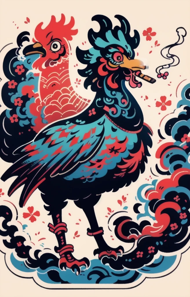 STYLE: kids illustration | SUBJECT: a playful prized black Rooster, (smoking a cigar: 1.5) | AESTHETIC: super kawaii, bold outlines | COLOR PALETTE: pastel | IN THE STYLE OF: Sanrio