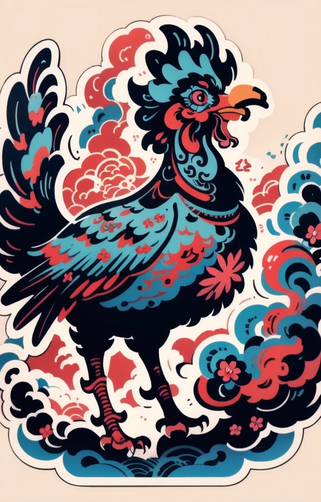 STYLE: kids illustration | SUBJECT: a playful prized black Rooster, (smoking a cigar: 1.3) | AESTHETIC: super kawaii, bold outlines | COLOR PALETTE: pastel | IN THE STYLE OF: Sanrio