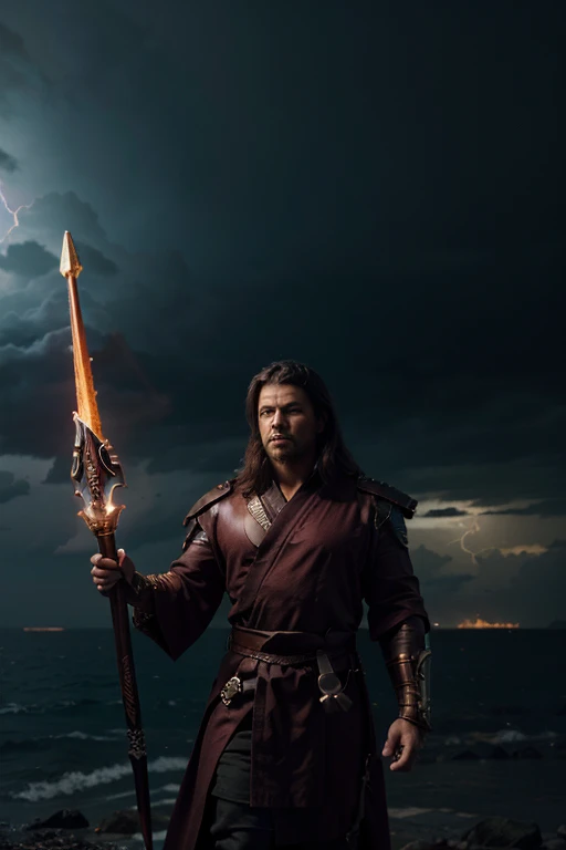 Develop an impactful image with the highest resolution and lighting, depicting an imposing humanoid. He wields a spear adorned with runic inscriptions, enveloped in black flames, emanating intense energy. In one hand, he sports a gauntlet that projects a translucent sword, vibrant in crimson color. Dressed in a red robe, highlighted by details in gold and cyan, the character faces the horizon under a vast gray sky, at the beginning of a storm of purple lightning, creating an epic and mysterious atmosphere.