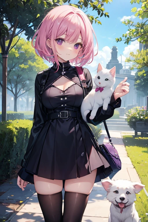 a pink haired female reaper with violet eyes with an hourglass figure with short hair is holding a puppy in the park.
