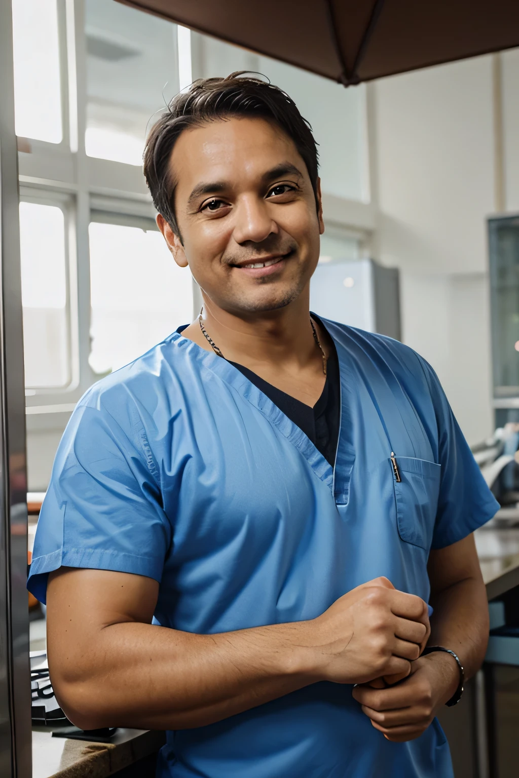 Middle-aged male doctor of medicine,portrait photo,Half body,Smile,laboratory background