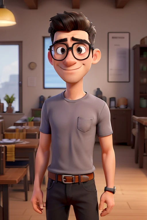 obra de arte, Melhor qualidade, a man wearing round black-framed glasses, ele tem cabelos pretos, rosto arredondado, boca bem desenhada. He wears a basic black t-shirt and jeans.. He&#39;s in a healthy food space that has light wood tables. He has strong arms and is holding a glass with a two-color iced tea-style drink filled with ice., roxo embaixo e amarelo em cima