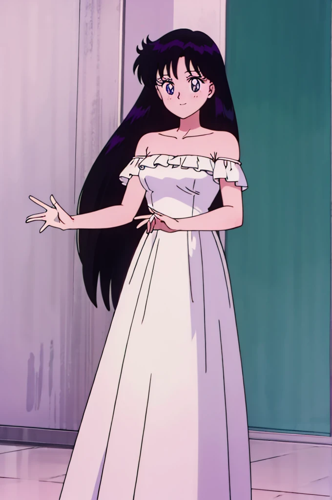 Rei_Hino, 1 girl, solo, Best quality, masterpiece, High Definition, r, Purple Eyes, Beautiful Detail Eyes, Black Hair, Long Hair, Good hands, Smile, Blushing, Bare Neck, Bare Arms, Bare Shoulders, White Ruffle Off-the-Shoulder Top, White Strapless Off-the-shoulder Dress, White Dress, Long maxi dress, standing near to a wall Background,
