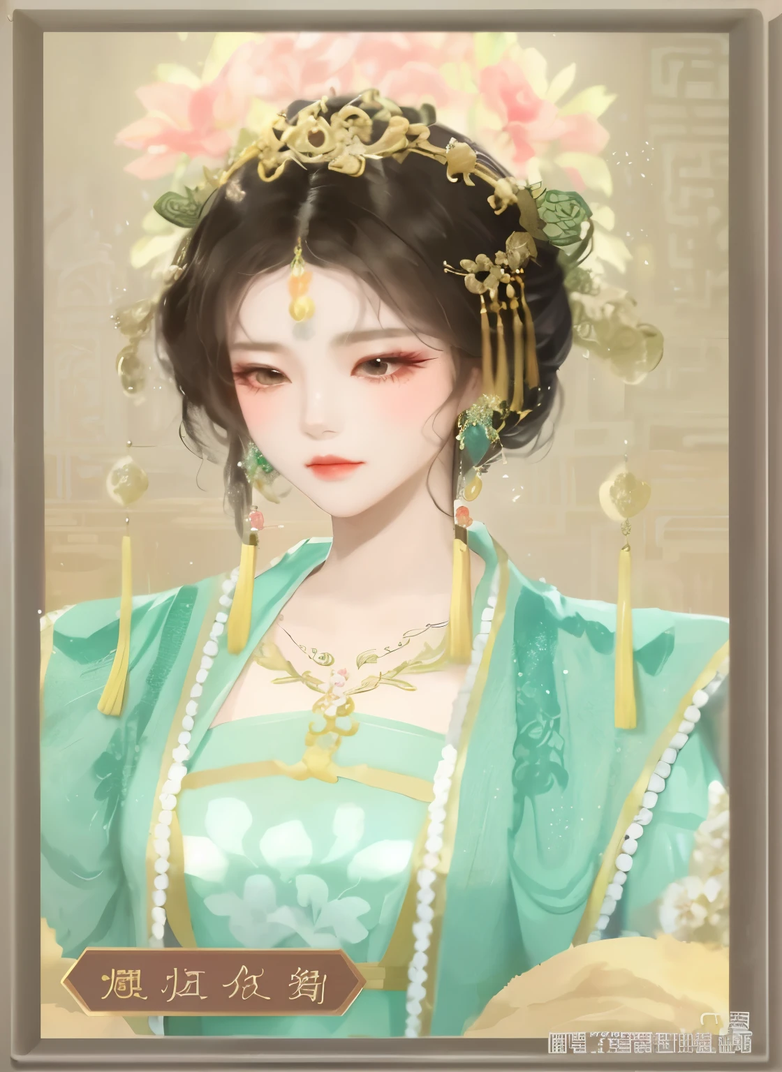 a close up of a woman wearing a green dress and a flower crown, palace , a girl in hanfu, ((a beautiful fantasy empress)), ancient chinese princess, a beautiful fantasy empress, inspired by Qiu Ying, inspired by Lan Ying, inspired by Ma Yuanyu, inspired by Huang Ji, hanfu, inspired by Du Qiong, chinese style