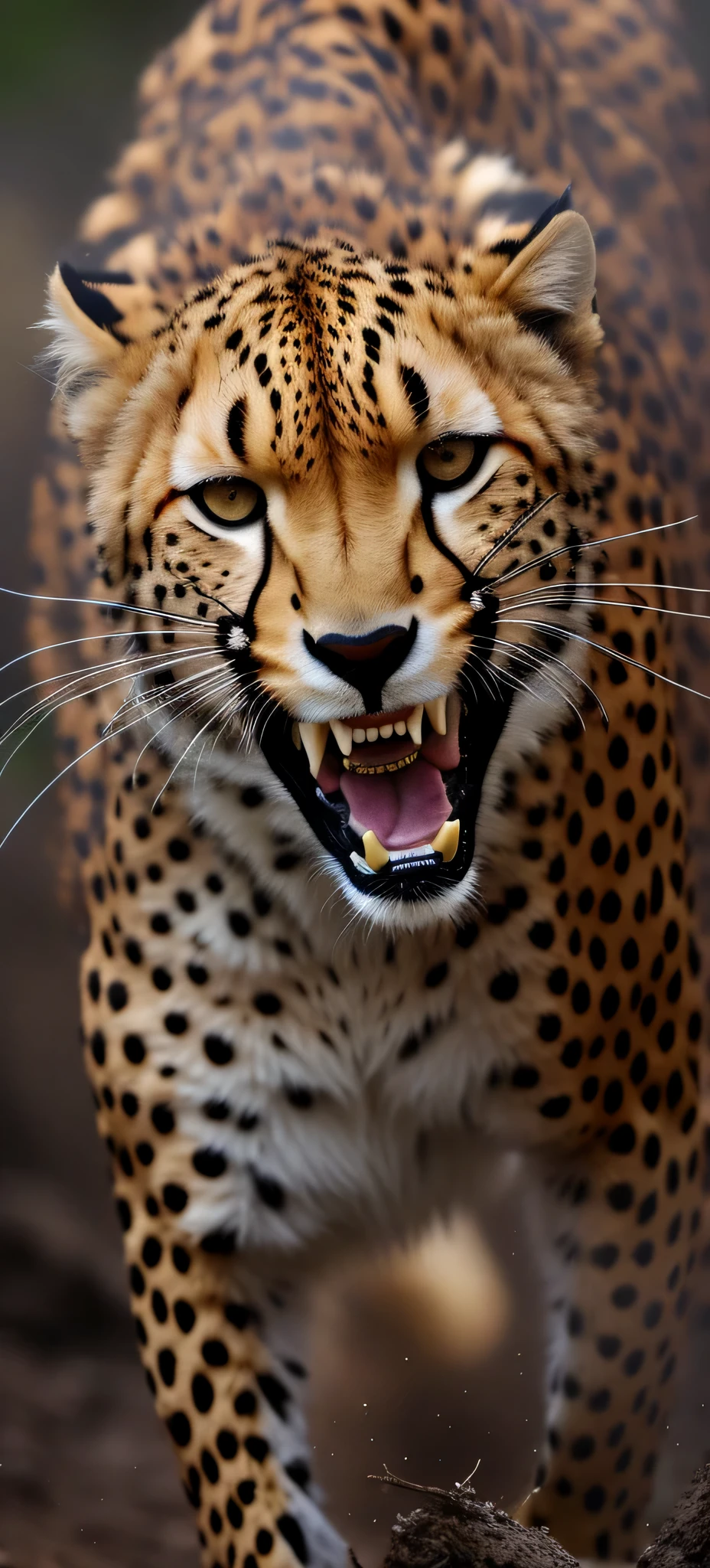 Cheetah opens its mouth,Open your mouth wide, intense expression 4k, pounce, intense expression, 张开嘴发出可怕的roar, Strong and fierce, sharp teeth and claws, hard predatory look, wild look, close up!!!!!, fierce eyes, aggressive look, roar, Despicable look, fierce appearance, angry expression, Very realistic,4k,8k,ultra high definition