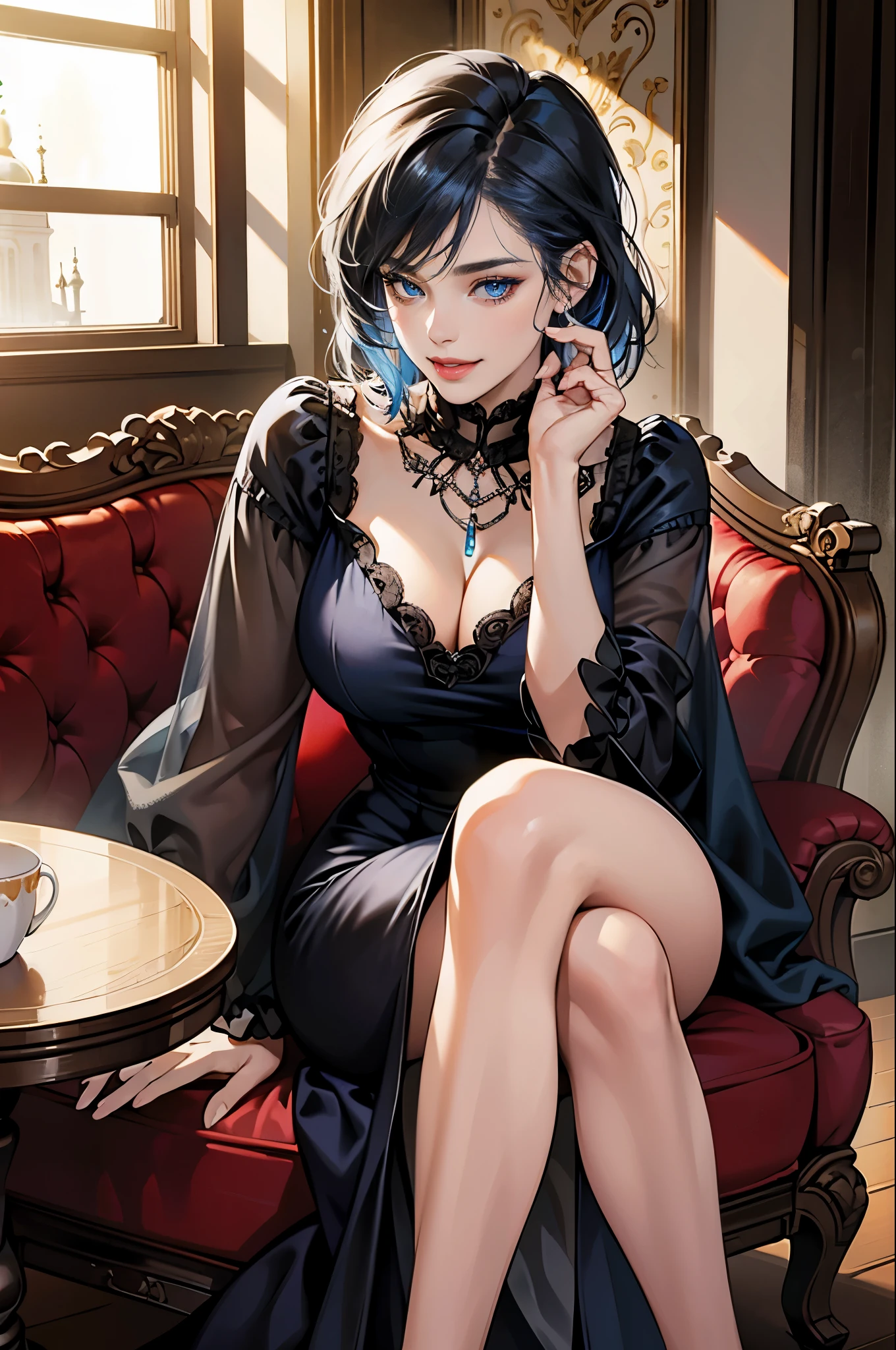 masterpiece, best quality, realistic, 1woman, smile and charming young woman, 25 year old, happy look, portrait, extremely detailed face, blue eyes color, (( wolfcut hair)), [thick eyebrow] Beautiful, full body, western, Jewish, smile face, red lips, black hair color, jewelry, Necklace, big boobs, finger in lips, masterpiece, best quality, realistic, one mature female, extremely detailed face, ((blue eyes)), slender, Extremely delicate and elegant face, Sexy and feminine, cinematic lighting, no makeup, Victorian era, ((playful face))lust, hot, (whole portrait), big breasts, black dress, open dress, sitting in seat, coffee shop background,