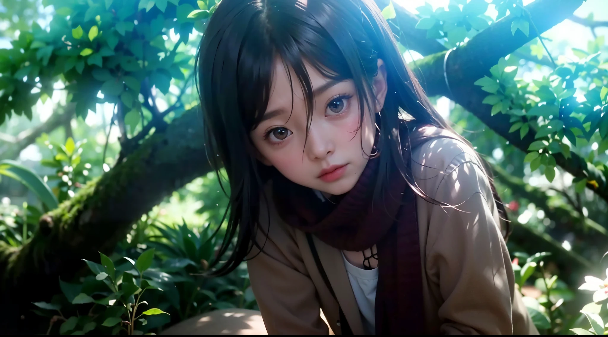 sullen expression、10 years old、girl child:1.2、black hair、red muffler、movie writing、pink cardigan(best quality, 8K, 32K, muste piece, ticker:1.2)