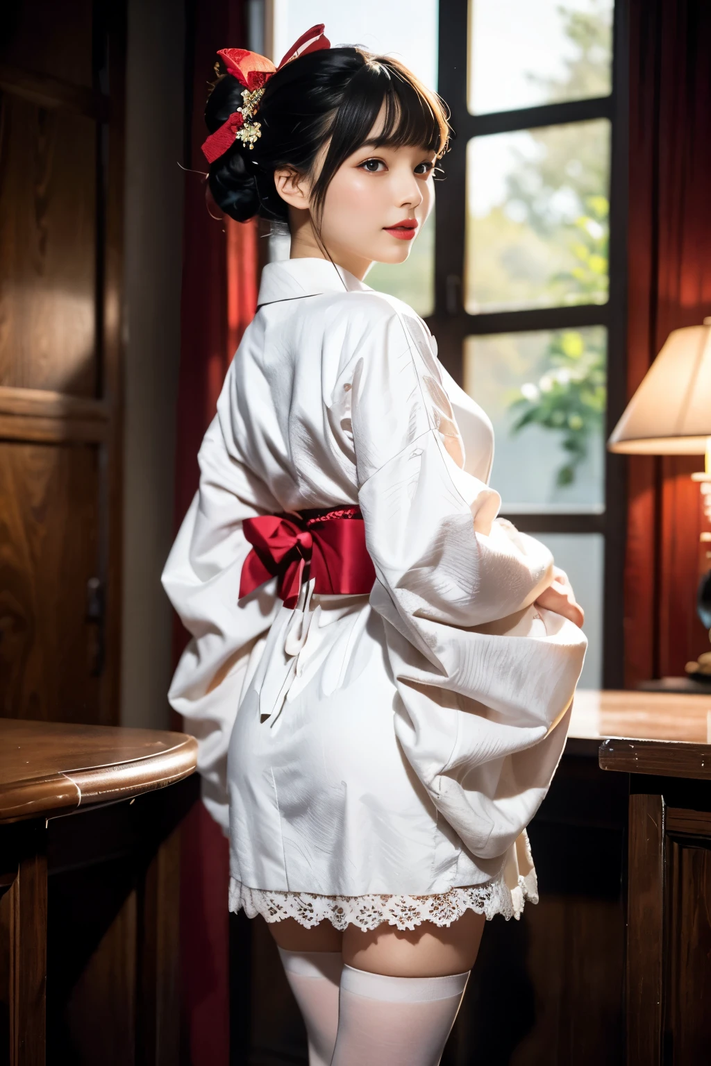 (In 8K, best quality, muste piece:1.2)、ultra high resolution、A beautiful and elegant 20 year old woman,black hair,detailed hand fingers,elaborate costume,luxurious kimono,mini length black kimono,detailed embroidery,lots of lace,pink rip,red lips,blunt bangs,up hair,ta fashion,ribbon,white lace short socks,Are standing,captivate your audience,smile,back light,Western-style room