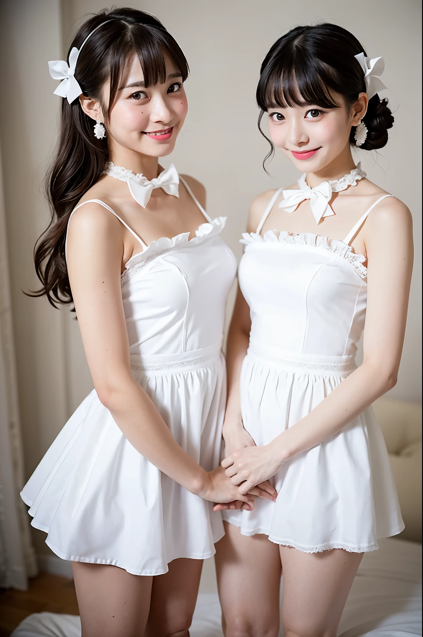 (There was a 16-year-old Japanese girl who, despite being only 13, had a slim body, medium breasts, and a very cute baby face.:1.5),(Full body portrait:1.5),very narrow waist,All pure white sheer miniskirt lingerie, lace gloves, high heels and garter stockings,Ecstatic expression,standing with nothing,girl is looking somewhere,Secretly photographed from a distance