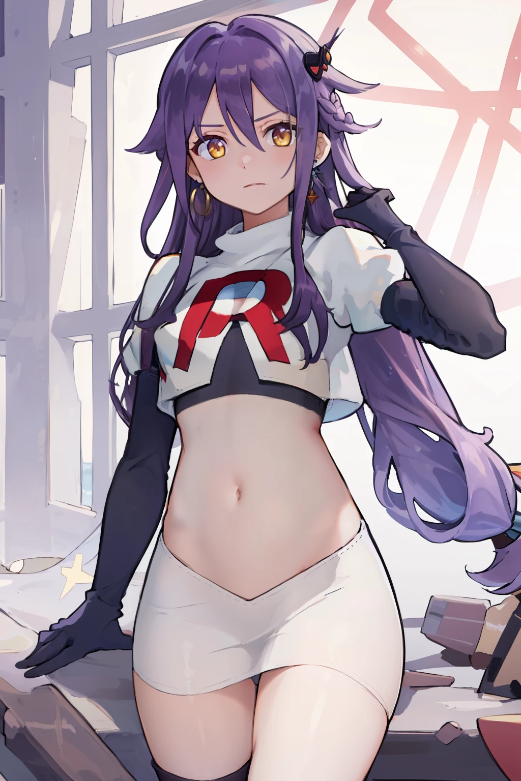 masterpiece, best quality, best 8k wallpaper, 
1 girl, cowboy shot, long hair, purple hair, bangs, yellow eyes, earrings, hair between eyes, hair ornament,team rocket,team rocket uniform,white skirt,red letter R,crop top,black thigh-highs,black elbow gloves