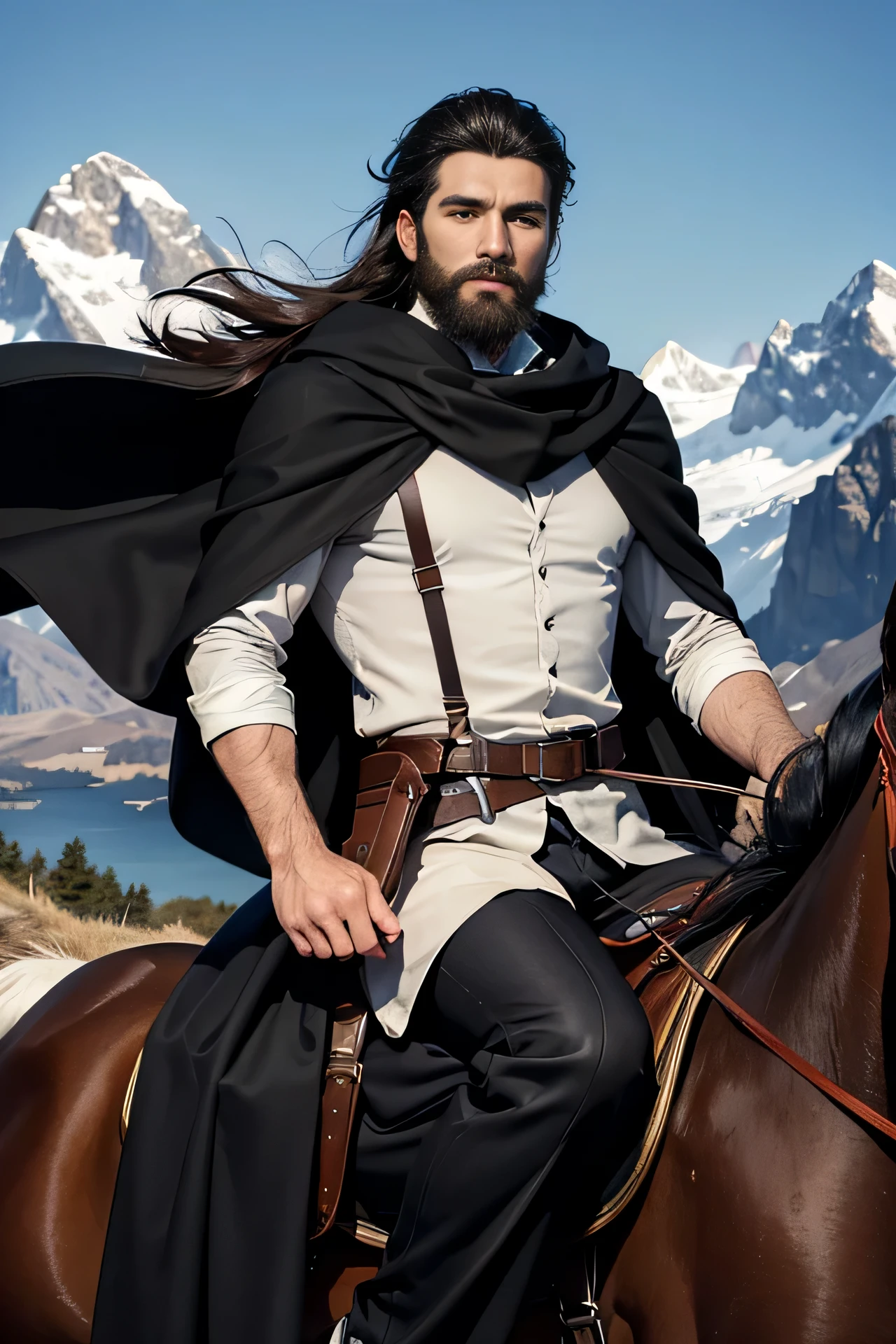 Best quality, masterpiece, ultra high res, (photorealistic:1.4), detailed face, detailed eyes, raw photo, young handsome male, black hair, (full body), perfect face, perfect hands, perfect eyes, view from top, (mountain background:1.2), (night), riding a horse, big strong man with beard, wearing a long black cape