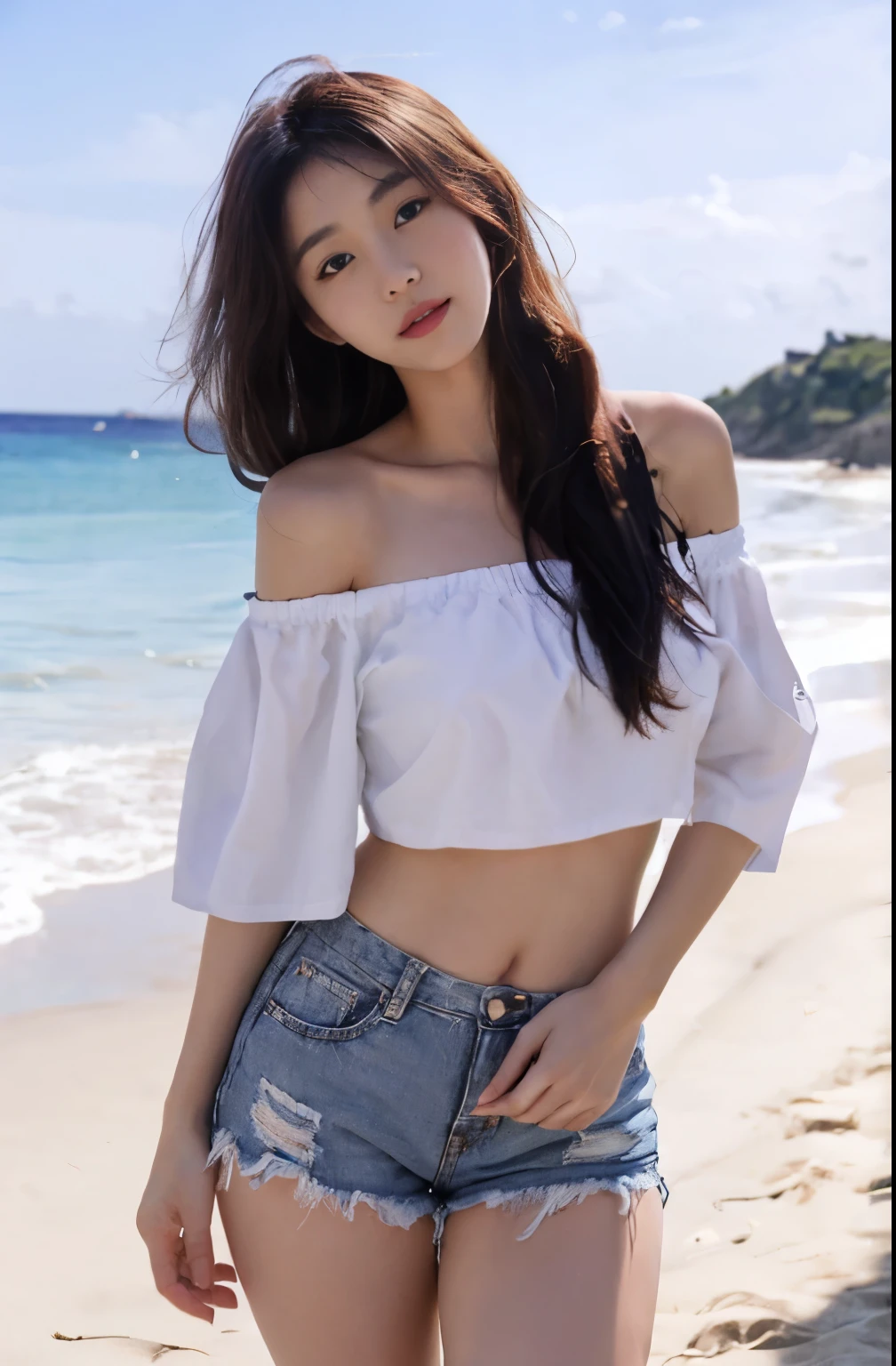 lady, posing seductively to viewer, solo:1, pov, beautiful thick thighs,
Sunny beach background, long hair, 3/4 body, Off-shoulder mini hot shorts