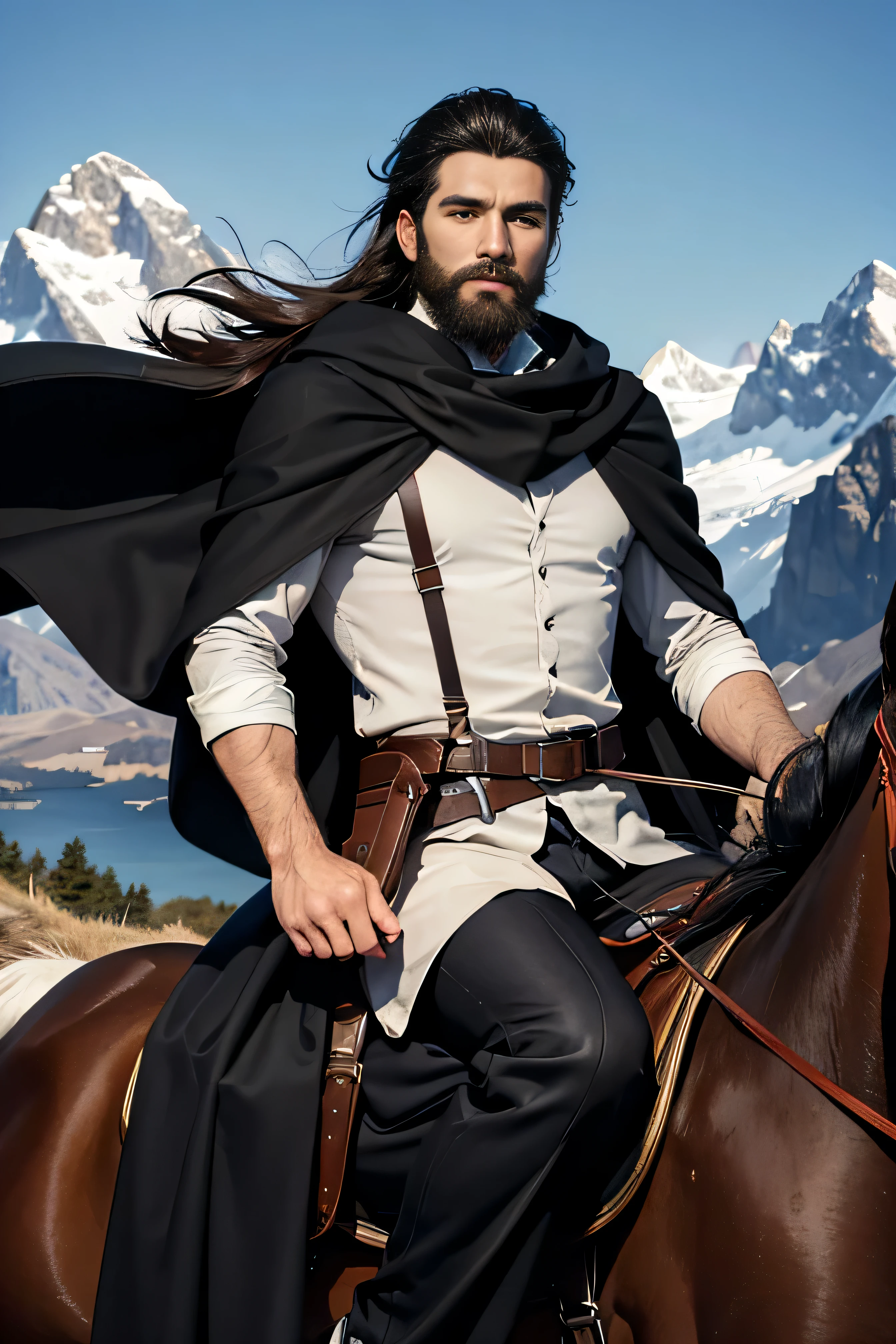 Best quality, masterpiece, ultra high res, (photorealistic:1.4), detailed face, detailed eyes, raw photo, young handsome male, black hair, (full body), perfect face, perfect hands, perfect eyes, view from top, (mountain background:1.2), (night), riding a horse, big strong man with beard, wearing a long black cape