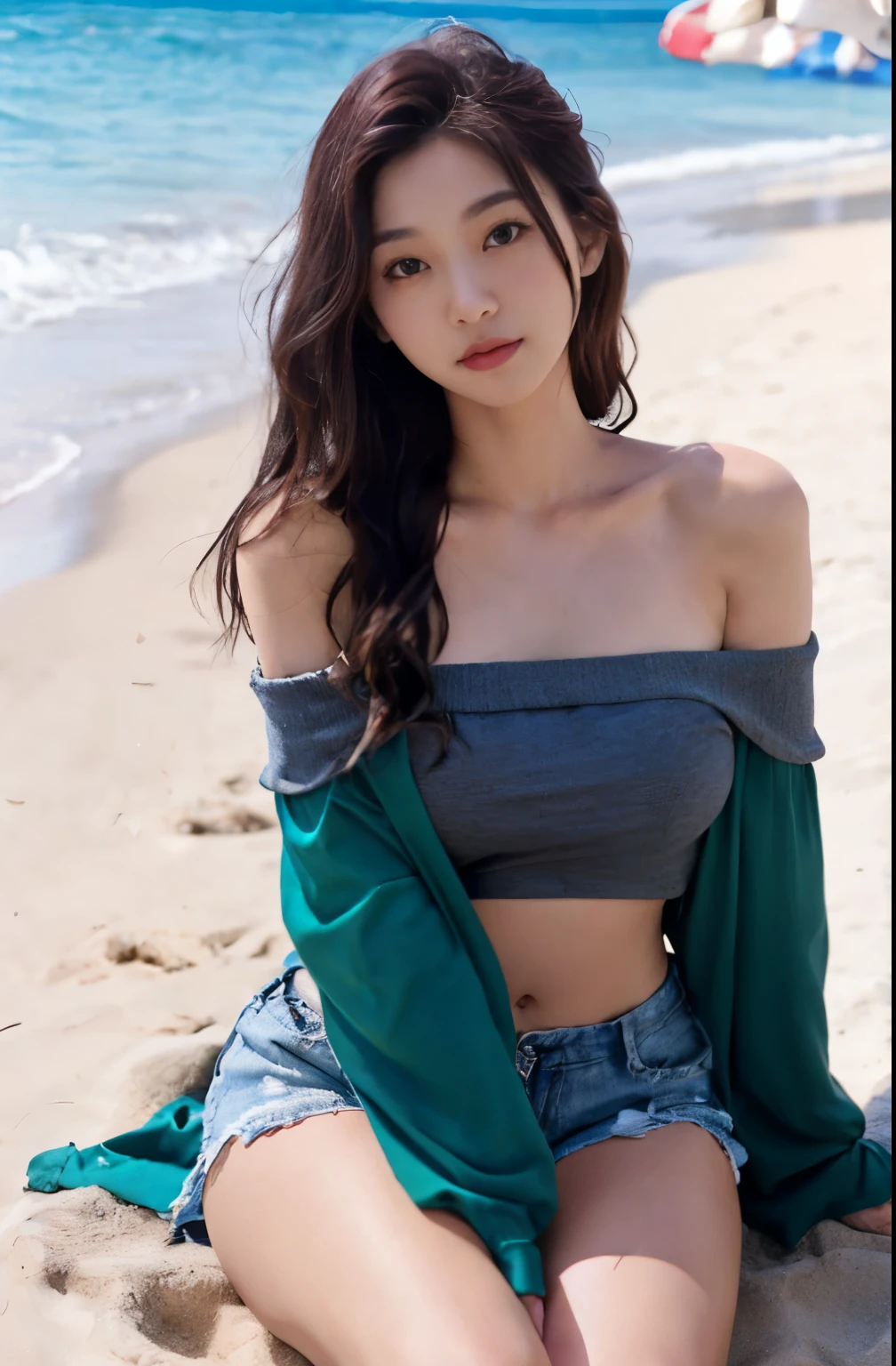 lady, posing seductively to viewer, solo:1, pov, beautiful thick thighs,
Sunny beach background, long hair, 3/4 body, Off-shoulder mini hot shorts