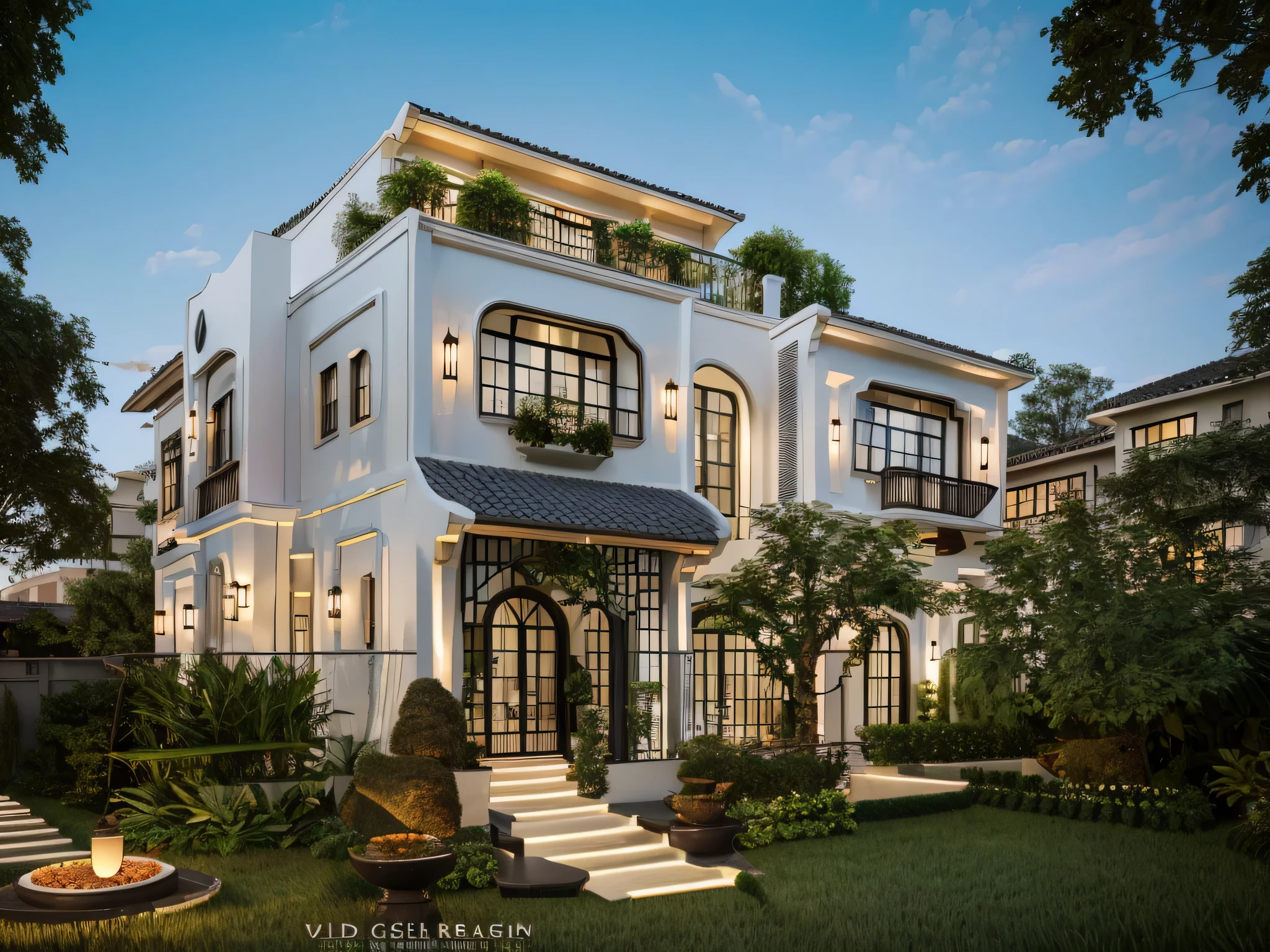 (Townhouse in city ,close houses and trees), (indochine style architecture) daylight ( best quality) ((high solution)) ,(( photo realistic)) ,warm light,  soft lighting, warm atmosphere,high Resolution, hyper detailed,4k ,vray render, octane render, hyper realistic, photography expert ,exterior design , professional photography, exterior photography,wide-angle shot , ultra detail , high Resolution , full frame, full body