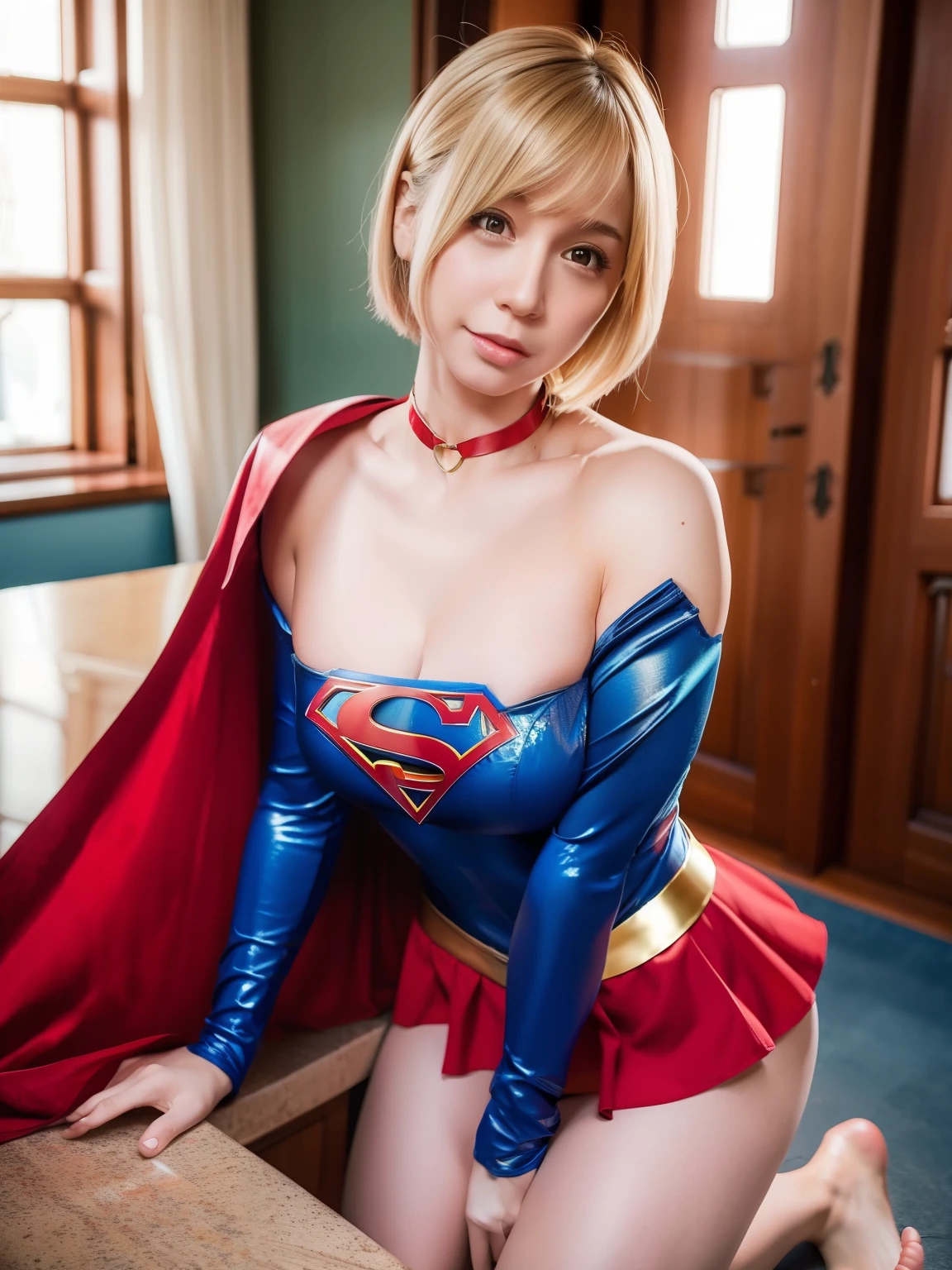 masterpiece,supergirl costume, short hair, barefoot, big and full breasts,Research room、operating table、straddle、Corrupt、shiny、looking at camera、Seduce、choker、long sleeve、Red short miniskirt、sexy pose