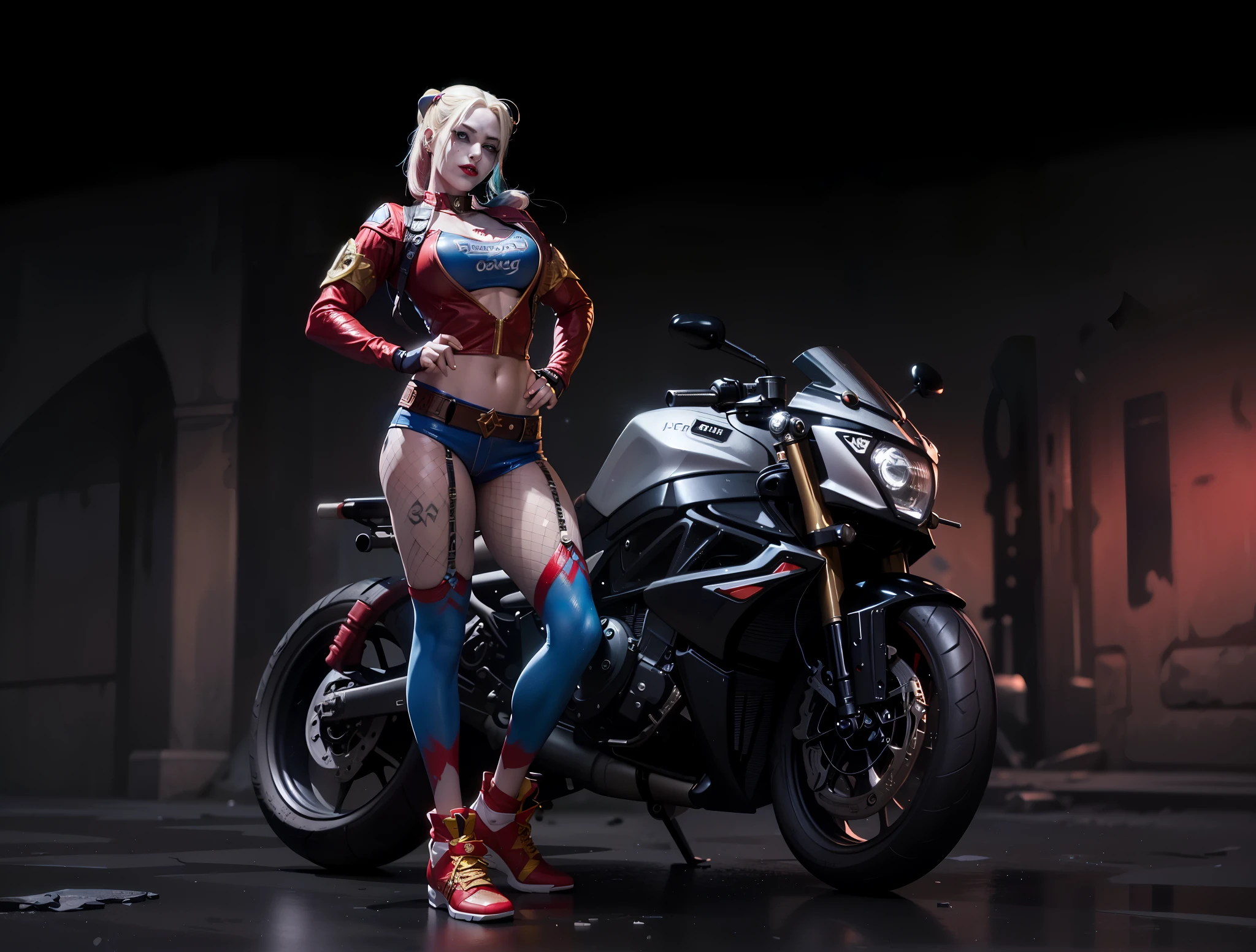 Harley Quinn,Close-up of a woman in costume, concept art by Juan O'Gorman, CGSoation trend, under art, 《king of warriorigure, fighting game characters, hq render, As a Tekken character, cammy, Harley Quinn Station, chun - li, Chun-li, chun li, Charming Jill Valentine, (best quality, 4K, 8K, high resolution, masterpiece:1.2),Super detailed, (actual, realistically, realistically:1.37), Conceptual artist style, (realistically:1.2), (endless reality), (masterpiece:1.2), (best quality), (Ultra-detailed), (8K, 4K, complicated),, alone,