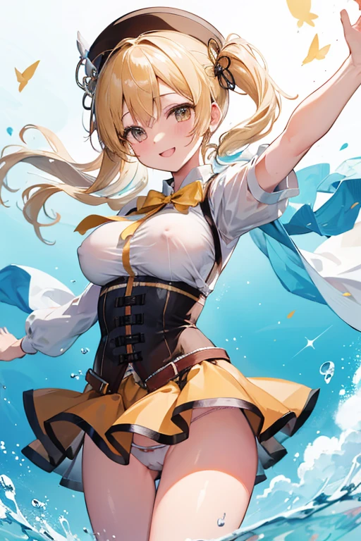 1 girl, cowboy shot, solo, perfect anatomy, standing, spread arms, mami tomoe, masterpiece, best quality, highres, big breast, kind smile, (fluttering skirt, white panties:1.2), sacred, glitter, sparkle, transparent clothes, wet, nipples