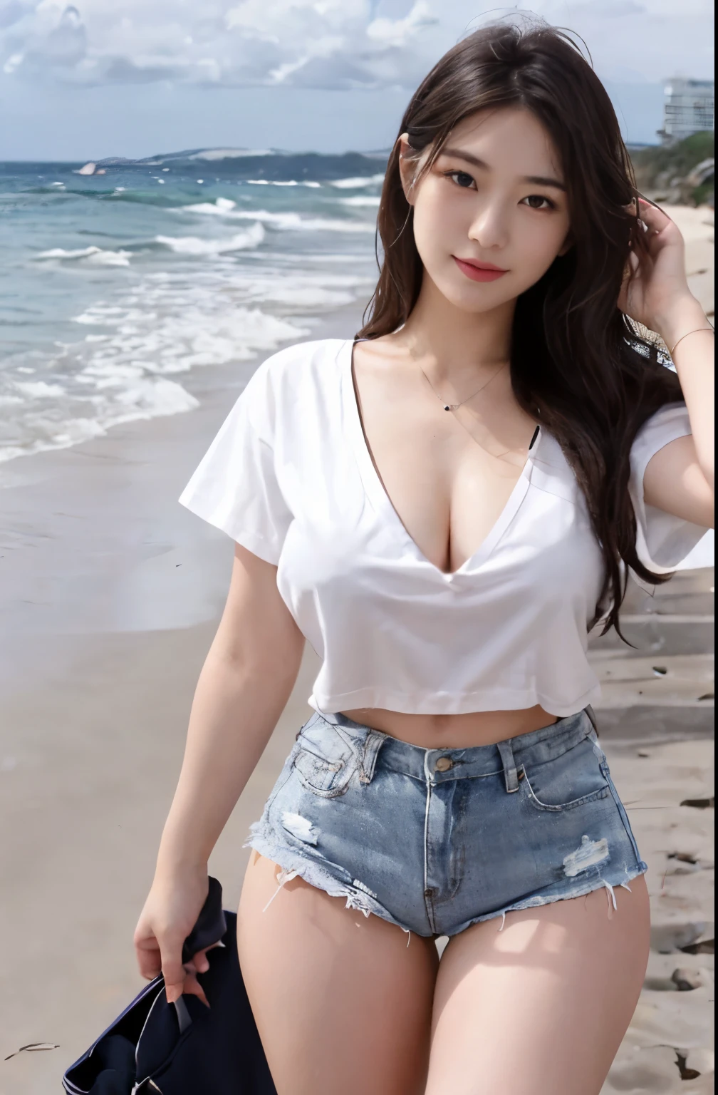 lady, posing seductively to viewer, solo:1, pov, beautiful thick thighs,
Sunny beach background, long hair, 3/4 body, V neck mini hot shorts