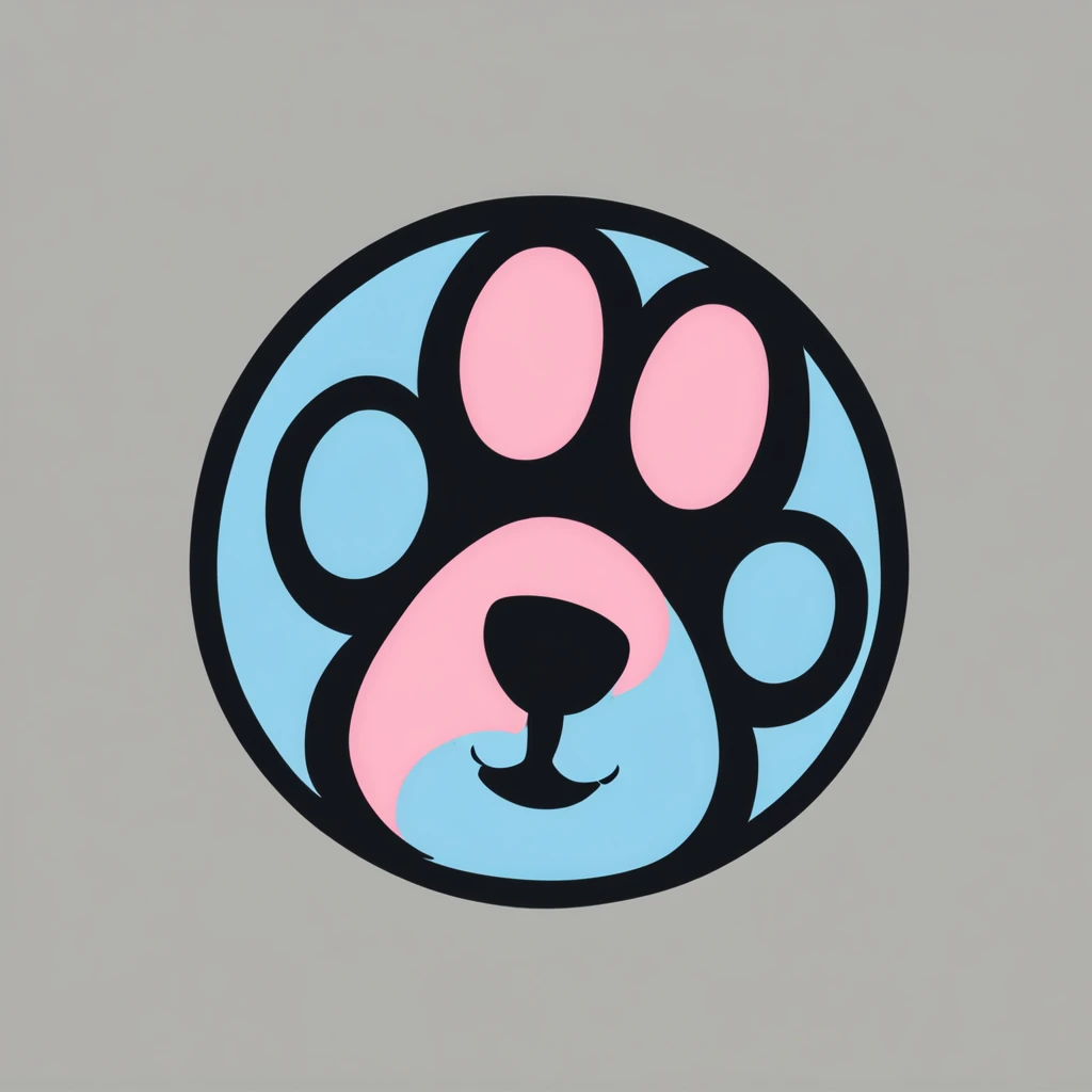 round logo, paw, whisker, pink, black, blue
