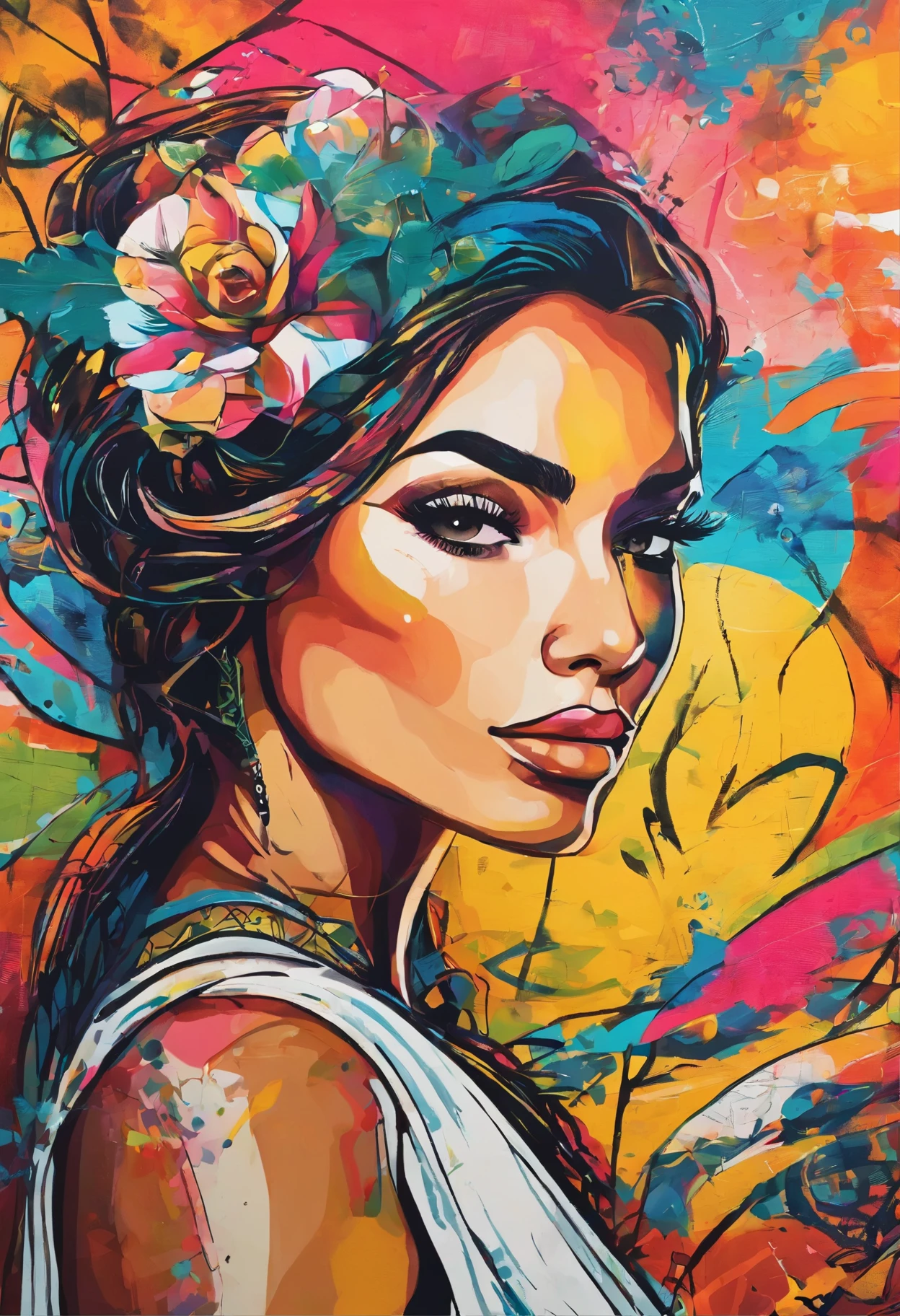 "close up, portrait of a young Mexican woman, hyper realistic, detailed face, The image should draw inspiration from the freshness of grapefruit, the gentleness of a dove, the vitality of tequila, the bubbly nature of summer, and the joy of life." set against a dynamic and colorful backdrop. The background should be abstract and vibrant, incorporating various shapes and patterns to create an artistic atmosphere."