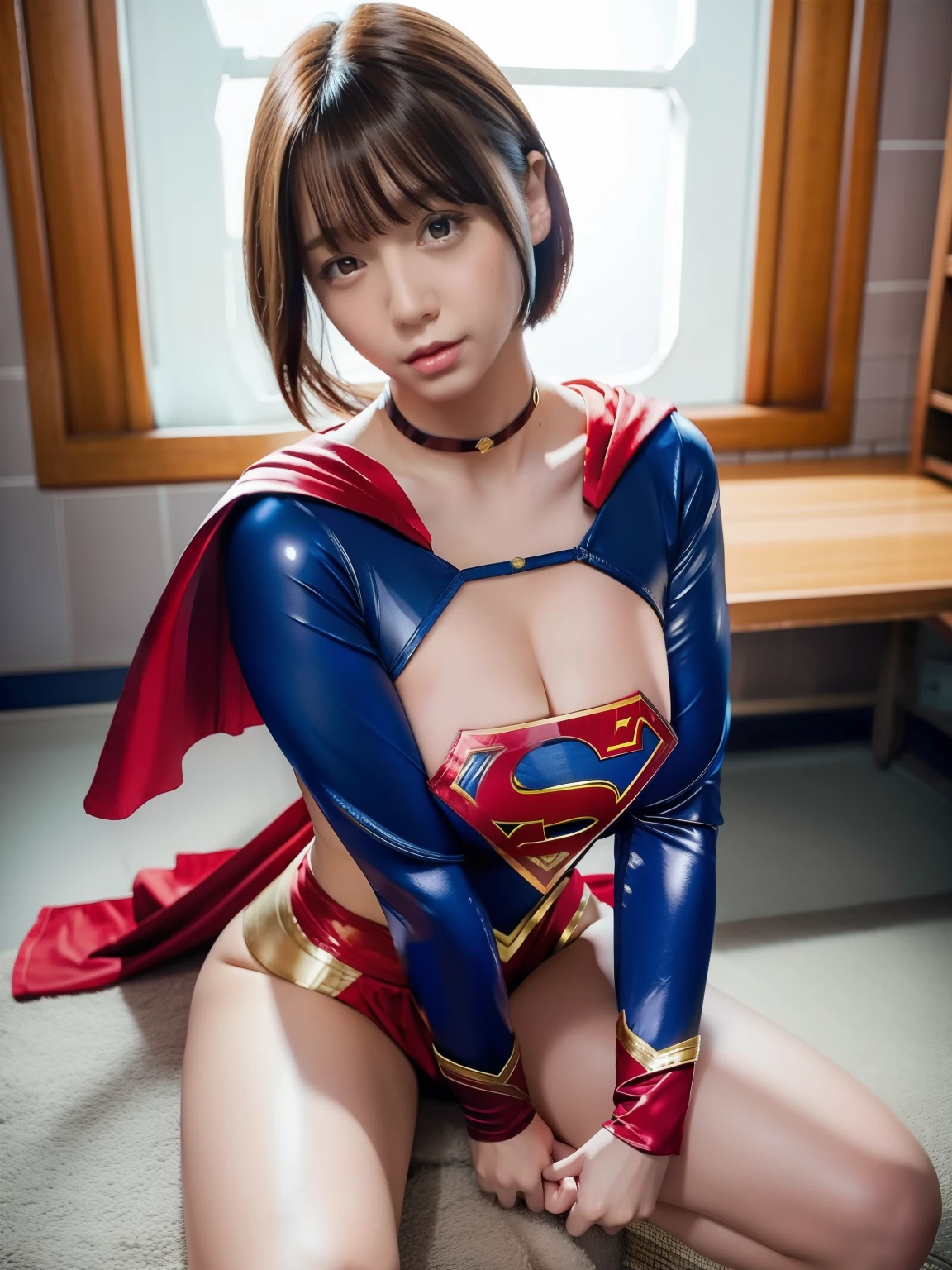 masterpiece,supergirl costume, short hair, barefoot, big and full breasts,Research room、operating table、straddle、Corrupt、shiny、looking at camera、Seduce、choker、long sleeve、Red short miniskirt、sexy pose