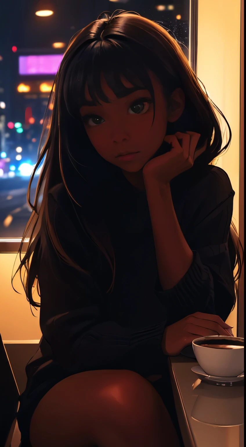 ((masterpiece, best quality, ultra detailed, ultra high res)), ((night)), (distant), chiaroscuro, coffee, indoors, solo focus, pov, (through the window), (armrest), 1 woman,(dark skin), ebony skin, ebony nose, full lips, facing away, black hair, long hair, distracted, sitting, fuzzy sweater shirt, (looking away), streetspace, neon lights, particles, luminous dark brown eyes,