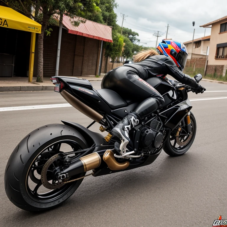 Chica manejando una moto inclinando el culo con un traje en latex, Pov vista trasera