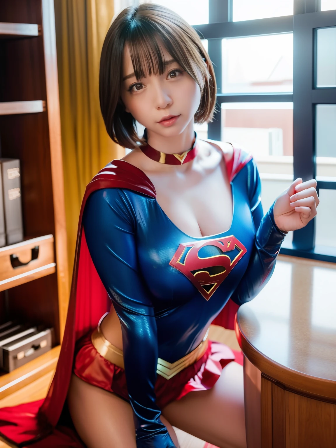 masterpiece,supergirl costume, short hair, barefoot, big and full breasts,Research room、operating table、straddle、Corrupt、shiny、looking at camera、Seduce、choker、long sleeve、Red short miniskirt、sexy pose