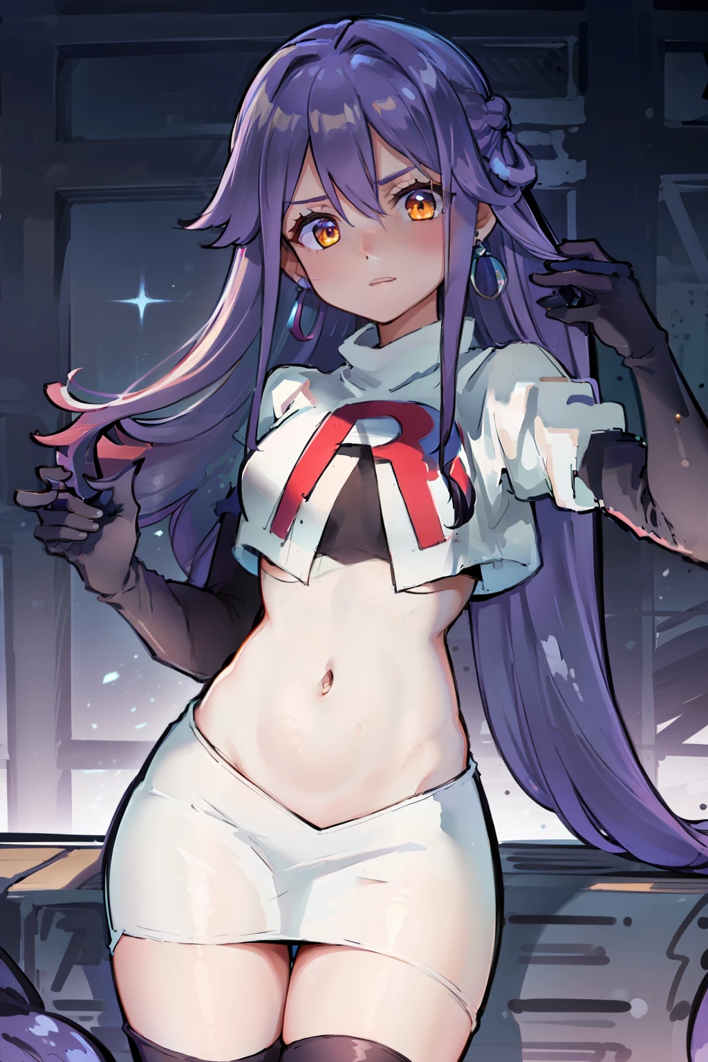 masterpiece, best quality, best 8k wallpaper, 
1 girl, cowboy shot, long hair, purple hair, bangs, yellow eyes, earrings, hair between eyes, hair ornament,team rocket,team rocket uniform,white skirt,red letter R,crop top,black thigh-highs,black elbow gloves