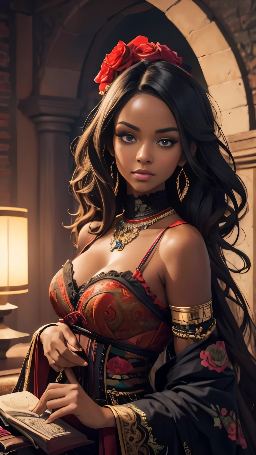 (Solo beautiful black woman with brown skin and captivating eyes)), wearing a pretty bohemian dress she is sitting in a arched alcove that is surrounded pink, red, purple, blue, red, orange roses, clearly defined facial features, clearly defined eyes, Ben Bauchau, Jean Baptiste Monge, strybk style, warm dreamy lighting, matte background, modern, volumetric lighting, dynamic gradients, bold color and electric colors, illustration, highly detailed, simple, smooth, curves, no jagged lines, johan grenier, character design, 3d shadowing, fanbox, cinematic, ornate motifs, elegant, posterized, masterpiece, fluorescent, glowing, TXAA, penumbra, wet gouache