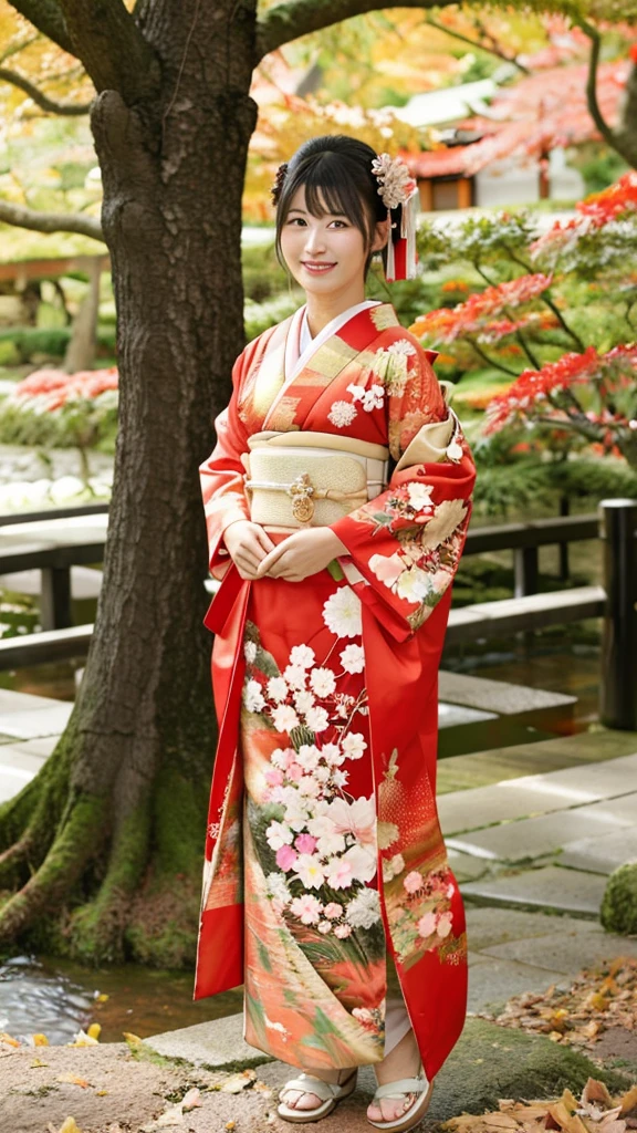 ((masterpiece, highest quality,edge quality)),smile,grin,
Edge JF_clothing, smile, black hair, Are standing, whole body, Day, bag, blurry, wood, heart, Floral, sandals, handbag, realistic, or, red kimono, autumn, photo background ,wearing Edge JF_kimono,autumn setting,autumn woods and leaves