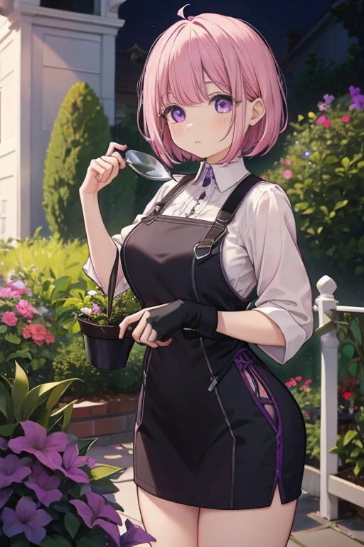 a pink haired female reaper with violet eyes with an hourglass figure with short hair is gardening
