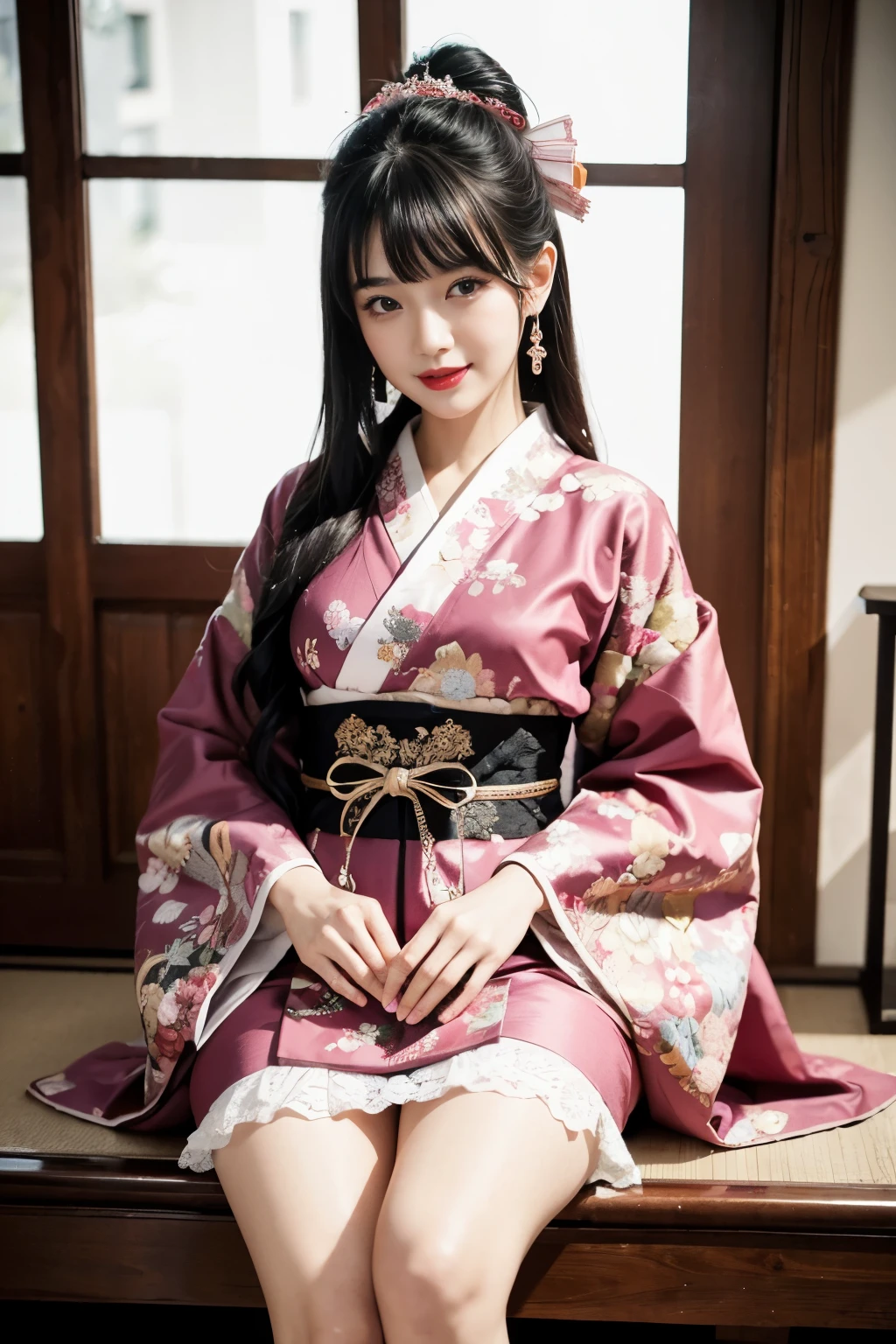 (In 8K, best quality, muste piece:1.2)、ultra high resolution、A beautiful and elegant 20 year old woman,black hair,detailed hand fingers,elaborate costume,luxurious kimono,mini length black kimono,detailed embroidery,lots of lace,pink rip,red lips,blunt bangs,up hair,ta fashion,ribbon,white lace short socks,Are standing,captivate your audience,smile,split lighting,Western-style room