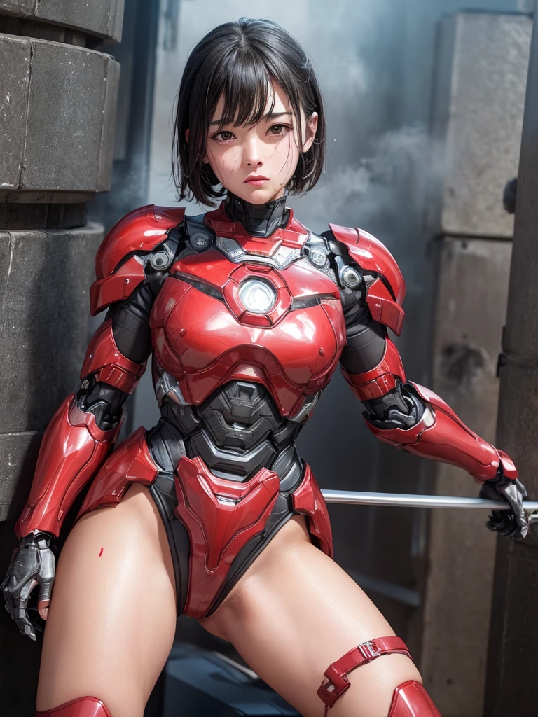 rough skin, Super detailed, advanced details, high quality, 最high quality, High resolution, 1080P, hard disk, beautiful,(war machine),beautifulサイボーグの女性,Red Mecha Cyborg Girl,battle,girl with mechanical body,、junior high school girl　Very short hair、sweaty brown eyes、sweaty face、expression of unfair treatment　cute　black hair(Steam comes out from all over the body)　((steam from head)) (((steam from the whole body))) Glasses　squat　spread your legs　M spread legs　(Shyness)