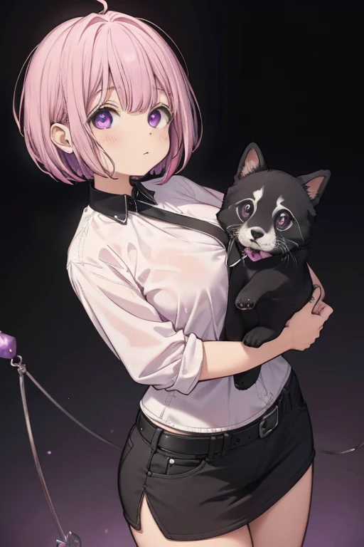 a pink haired female reaper with violet eyes with an hourglass figure with short hair is playing with a puppy
