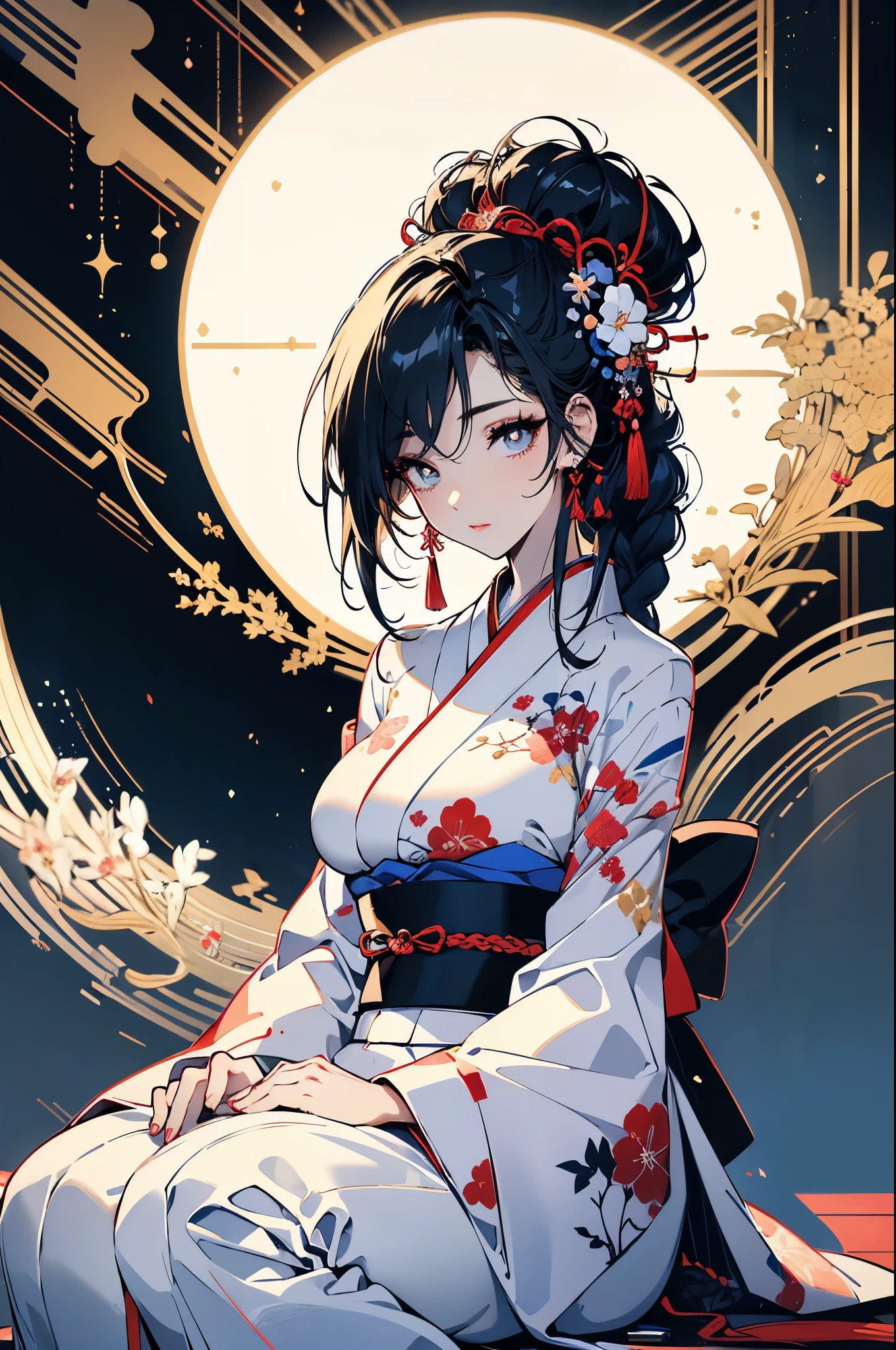 (Masterpiece, best quality), (ultra high resolution, 8K RAW photo, photo realistics, textile shading, thin outline), araffe matured woman in a kimono sitting on a bed with a teddy bear, (wearing white silk robes), white hanfu, (wearing japanese kimono:1.2, traditional japanese, japanese clothes), (classy yukata clothing), wearing a haori, (matured woman, milf:1.5, 28 years old, solo), (large breast, sagging breast, big tits, narrow waist, big ass, curvy bodies), (medium hair, hair over one eye, asymmetric hair, low tied braid), (bright pupils, detailed eyes, high detailed face), eye rush, (dynamic angle, from above), (correct anatomy:1.5, correct hands), (ideal ratio of body proportions), 